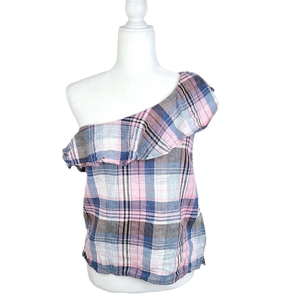 Cloth & Stone White Blue Gingham Plaid One Shoulder Ruffle Linen Top